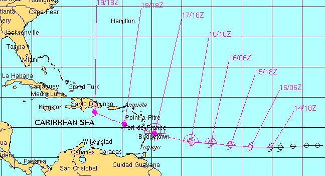 National Hurricane Ceter focast track from August 14 through August 19 before it moves over Haiti